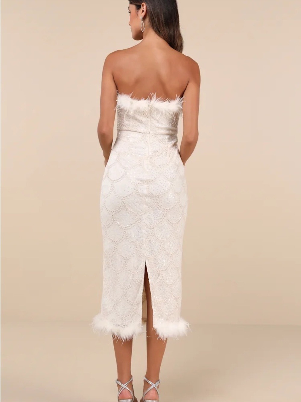 Lulus Uniquely Confident Cream Lace Feather Strapless Midi Dress Size Medium NWT - Picture 2 of 8